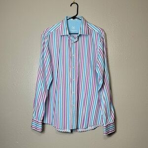 Bugatchi Shirt Mens Large Button Up Shaped Fit Long Sleeve Plaid Flip Cuff Sz L